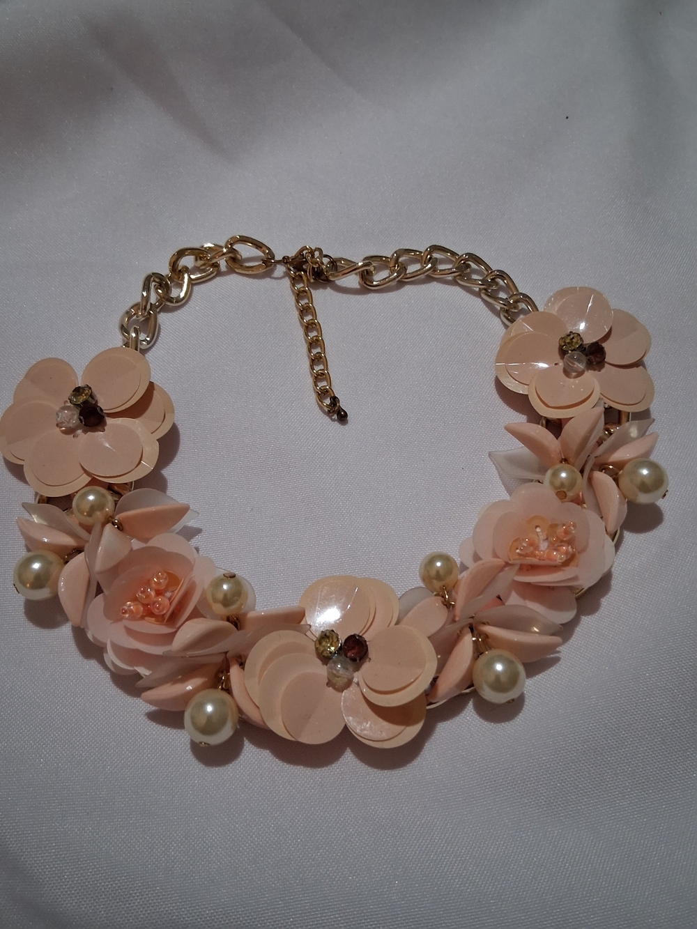 Blush Pink Floral Statement Necklace with Gold Chain